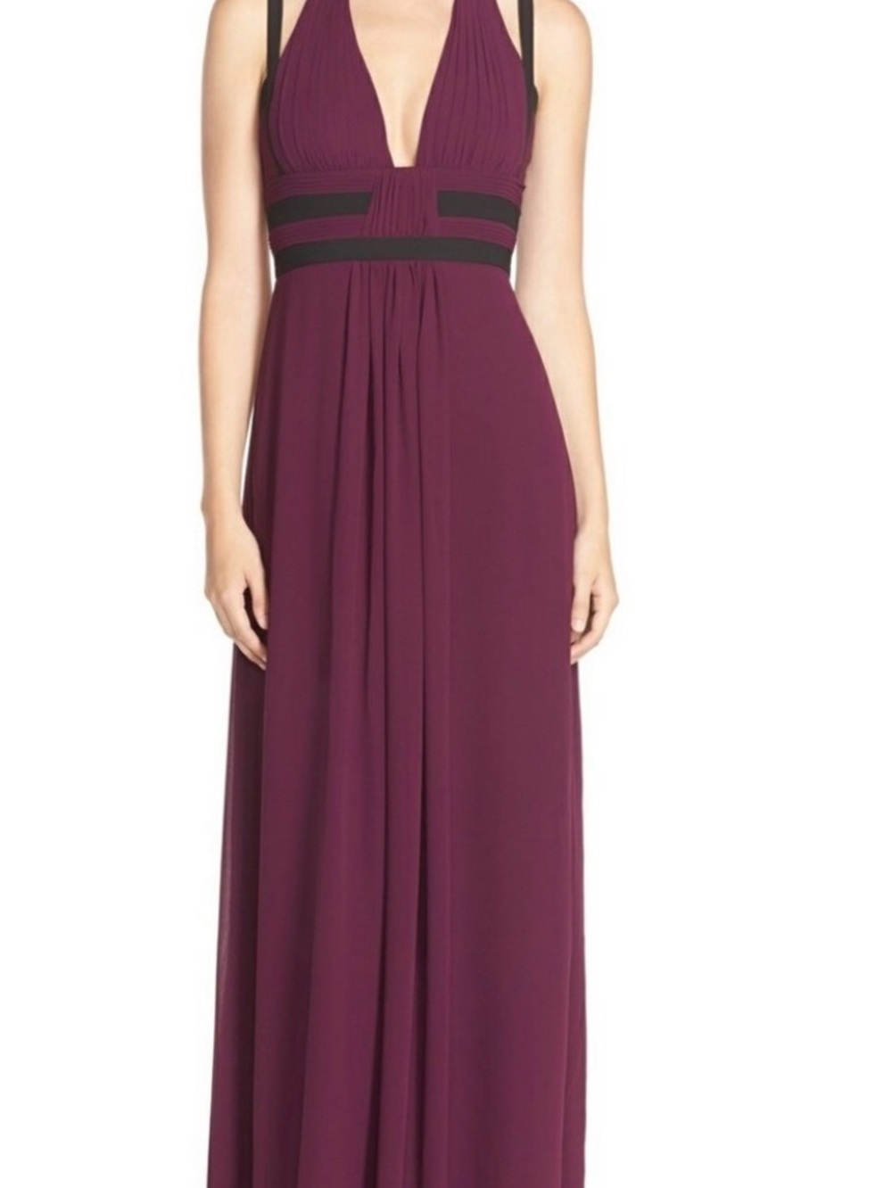 BCBGMaxAzria Plum Halter Plunge Maxi Dress with Black Waistband